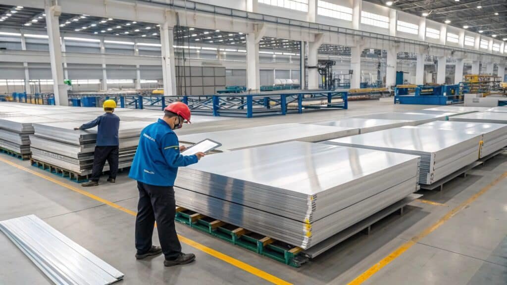 A technician performing final inspection on a sheet of aluminum, checking for surface defects with a magnifying tool.